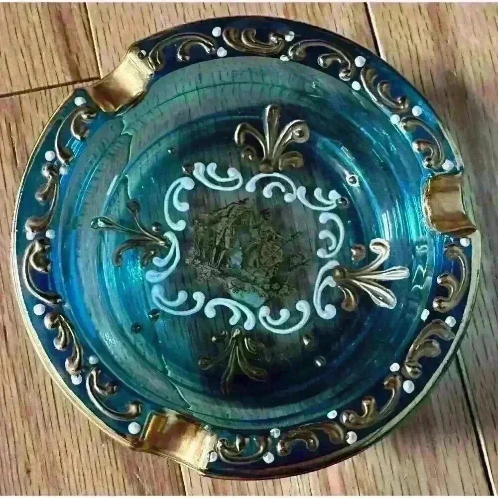 Italian Ashtray Hand Painted Glass Vintage Blue Gold White Man & Woman Graphic
